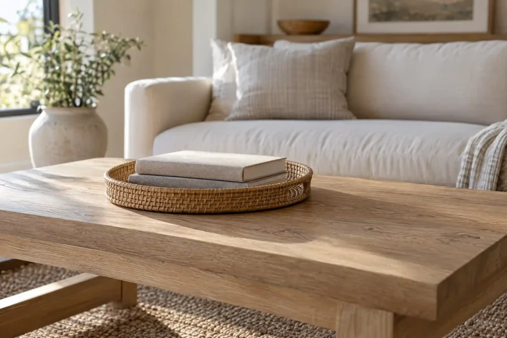 Cleared oak coffee table with a rattan tray and stacked books as a base layer for coffee table styling