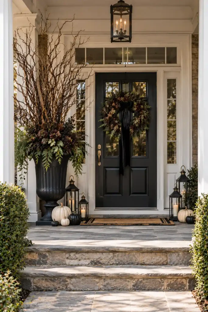 Luxury Halloween porch with oversized matte black urn, sculptural branches, and cream pumpkins