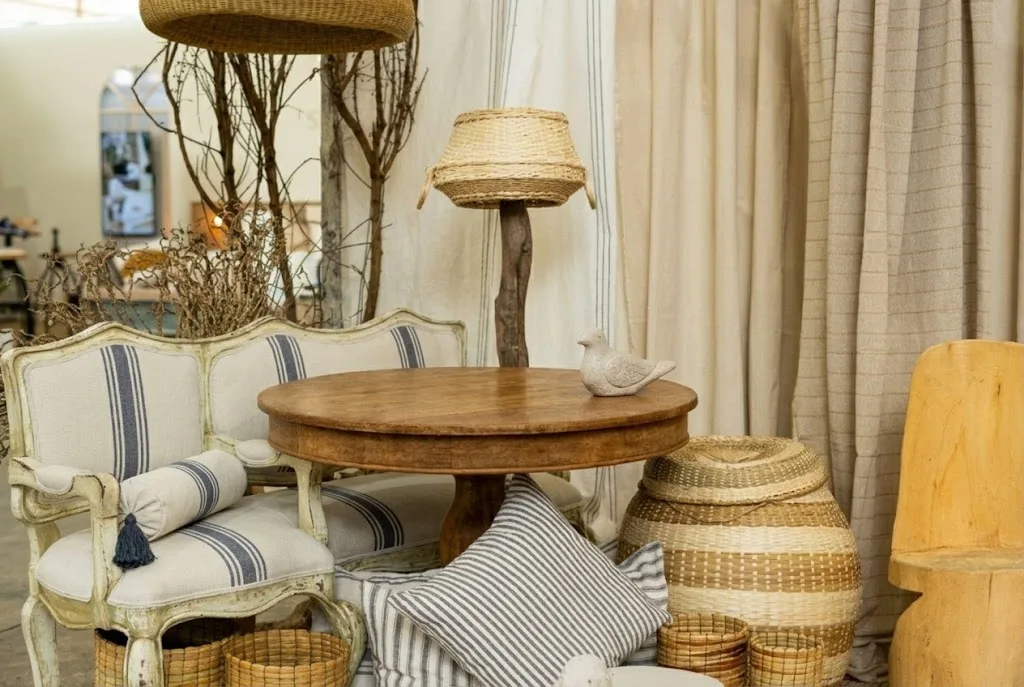 Secondhand cozy living room decor: ceramic lamp, wooden frames, woven basket and folded blanket on a table