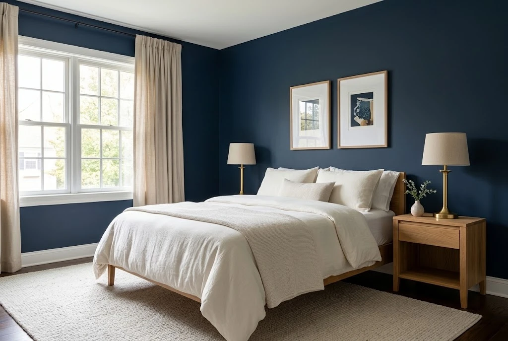 Navy blue bedroom with beige curtains, a light textured rug, brass lamp, and framed artwork