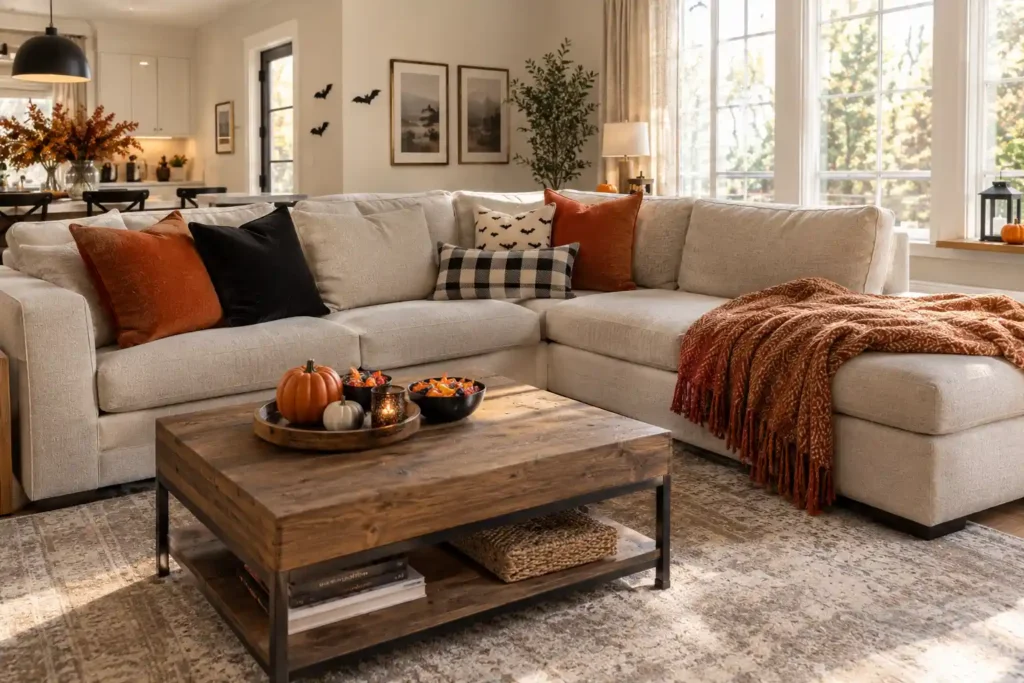 Modern sectional sofa styled for a cozy Halloween movie night with pillows, blanket, pumpkins, and candy