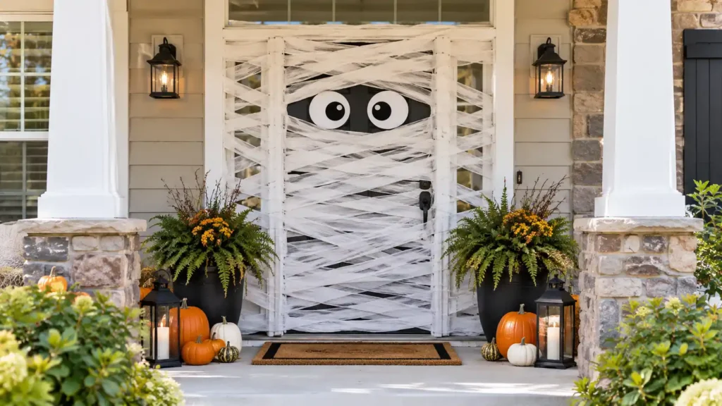 DIY mummy front door Halloween decoration on an American home