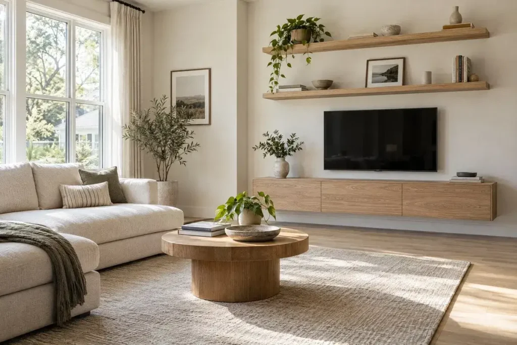 Small living room with floating oak shelves and a wall-mounted storage console.