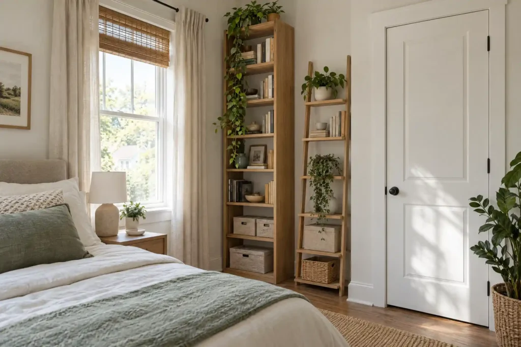 Tall narrow corner bookcase with storage boxes in a small bedroom