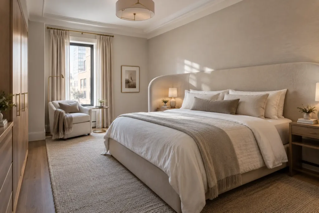 Cozy bedroom with a curved upholstered headboard, compact nightstands, and a comfortable reading chair.