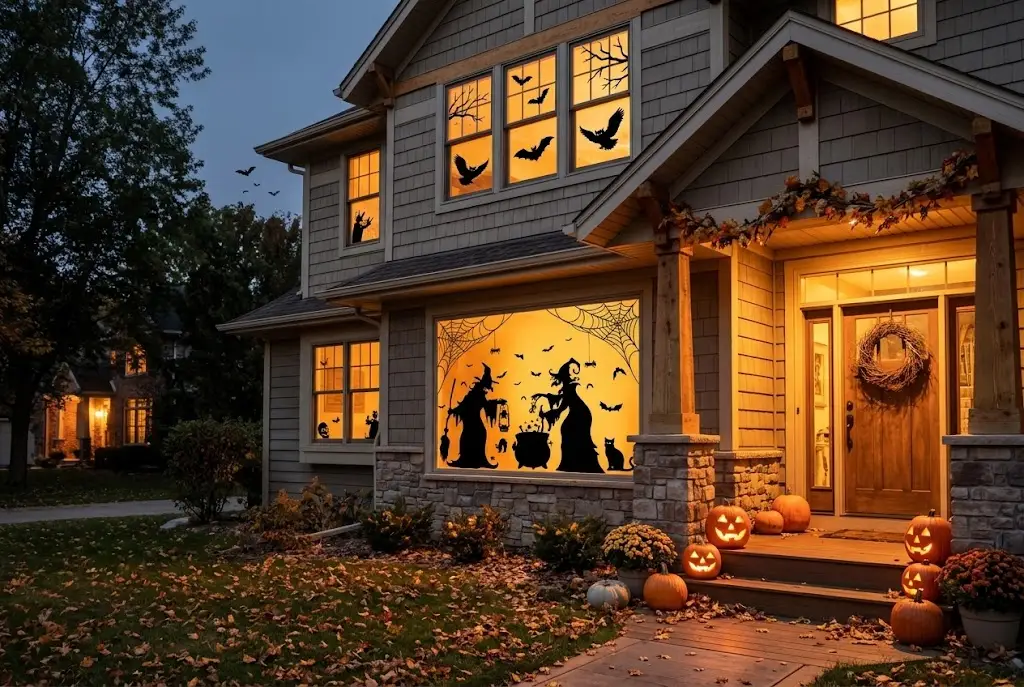 Witch and crooked branch silhouettes displayed in illuminated front windows.