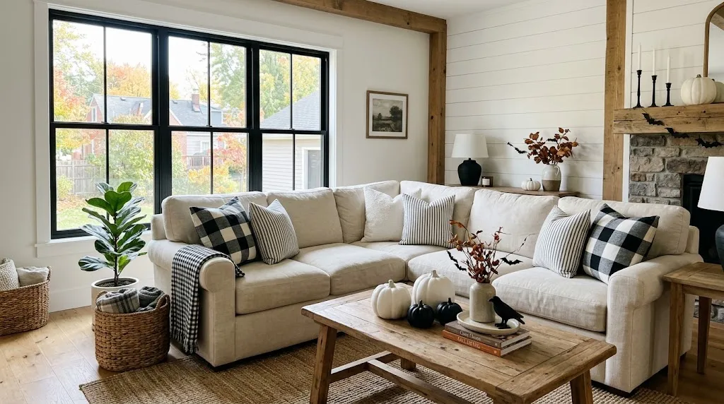 Black and white plaid and striped Halloween decor in a cozy living room