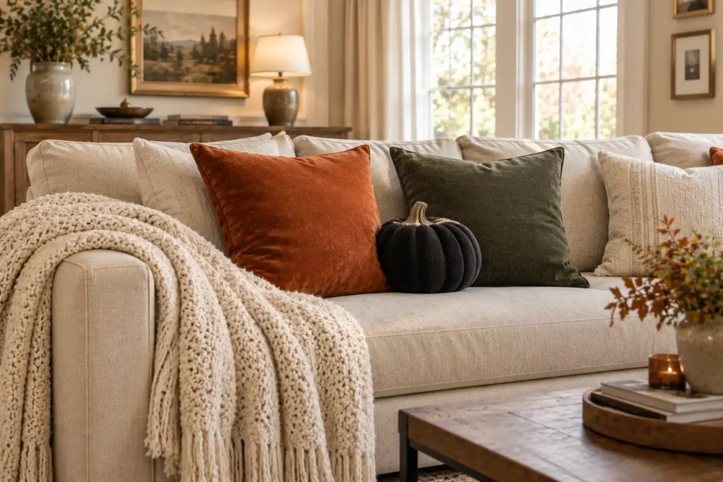 Neutral sofa with rust velvet pillow, cream knit throw, dark green cushion, and subtle black pumpkin decor