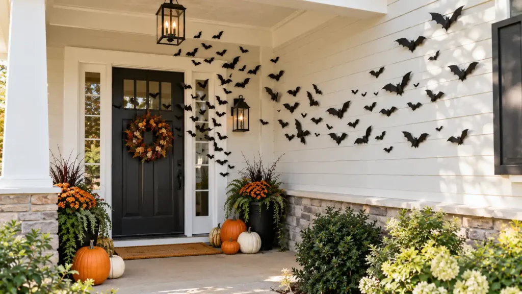 DIY Halloween bat swarm decorating a suburban front porch