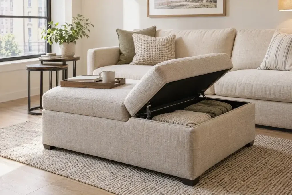Compact living room with a storage ottoman serving as a footrest and extra seat.