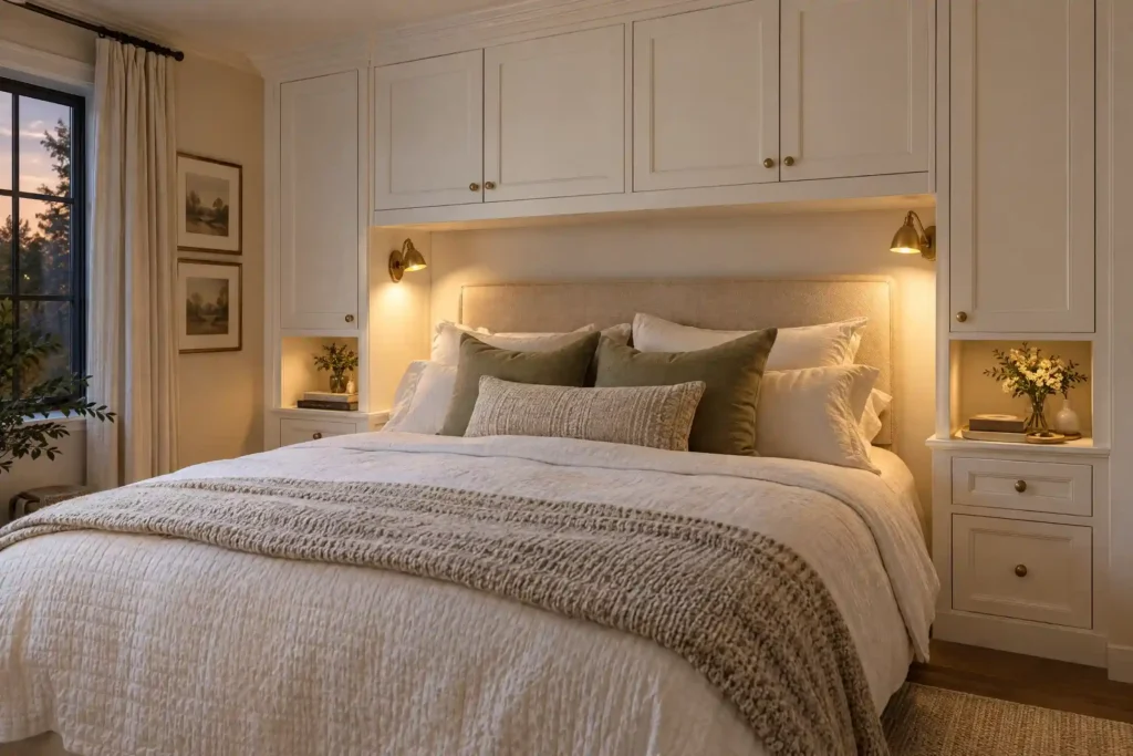 Overbed cabinets with reading lights above a made bed in a small bedroom