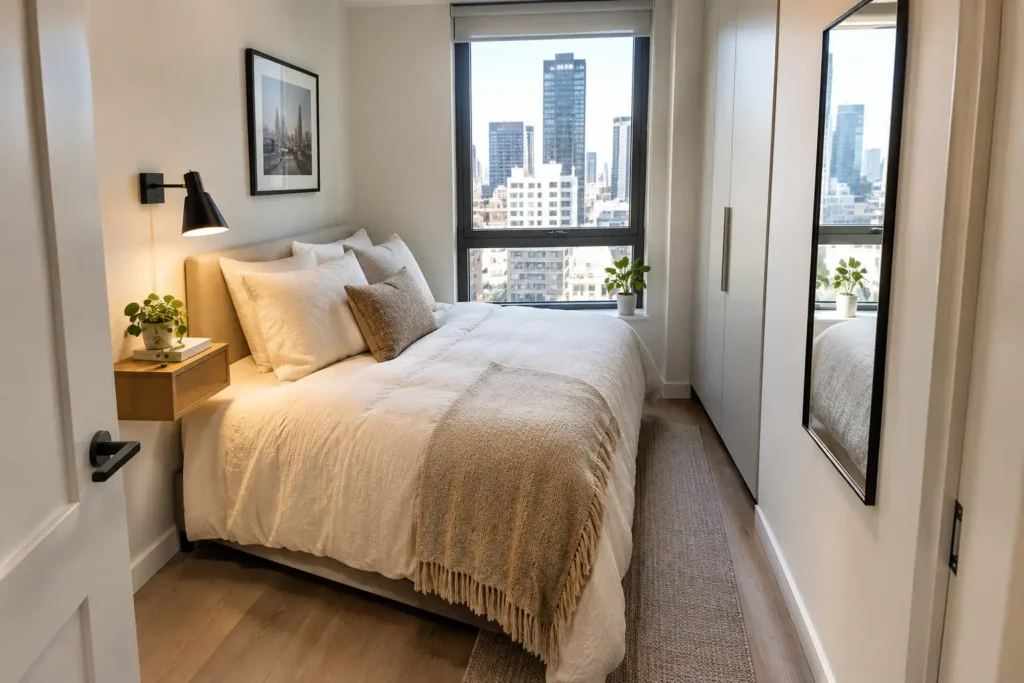 Small American condo bedroom with a compact bed, floating bedside shelf, wall-mounted reading light, and space-saving furniture.