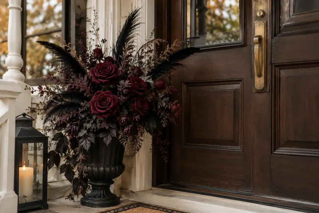 Burgundy roses, dark foliage, and black feathers arranged beside a Victorian wooden door.