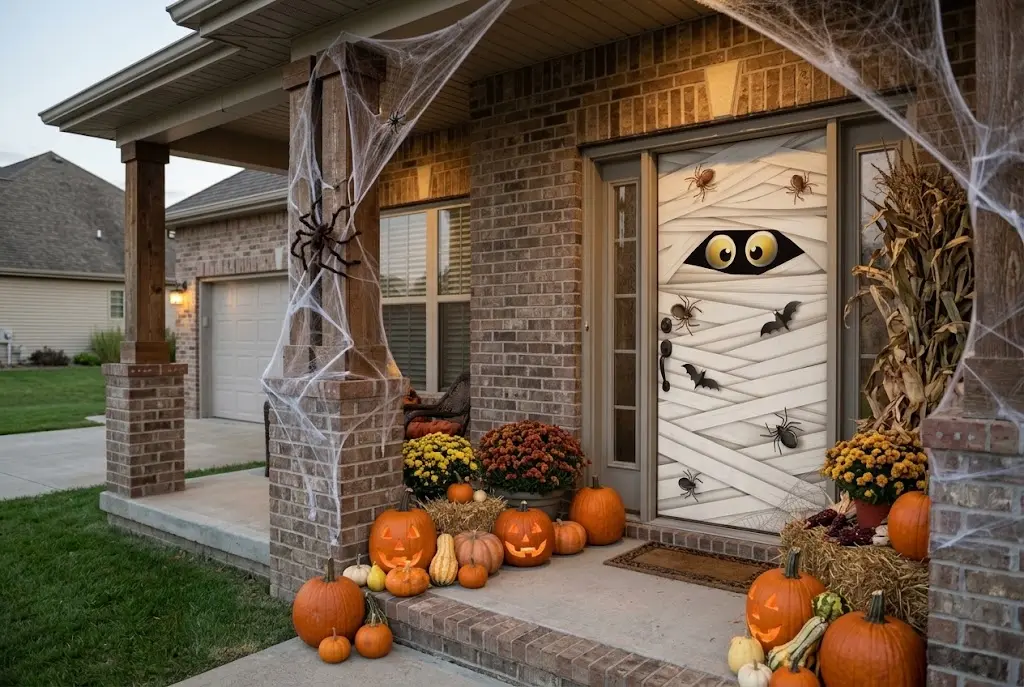 Porch columns wrapped in white mummy fabric with pumpkins at their bases.