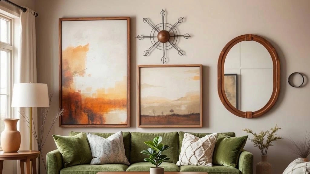 Living room decor ideas: a gallery wall of frames painted one clay color beside a round mirror above a sofa