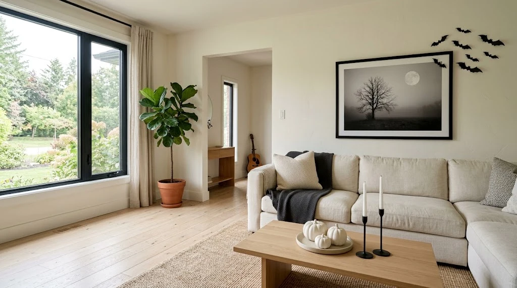 Minimalist black and white Halloween living room with white pumpkins