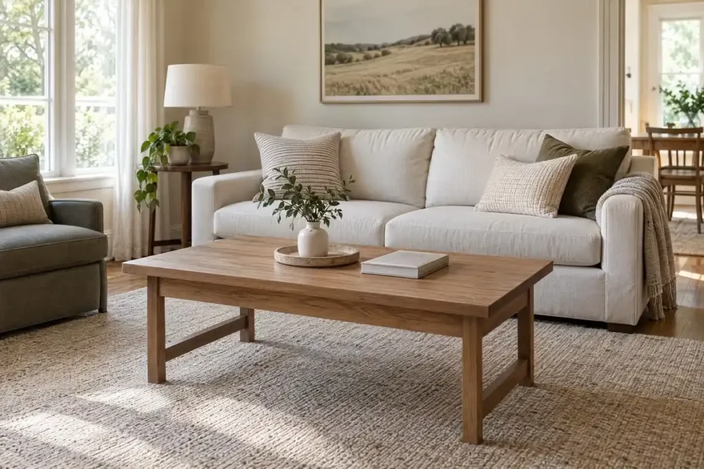 Uncluttered living room with a neutral sofa and a few carefully arranged accessories.