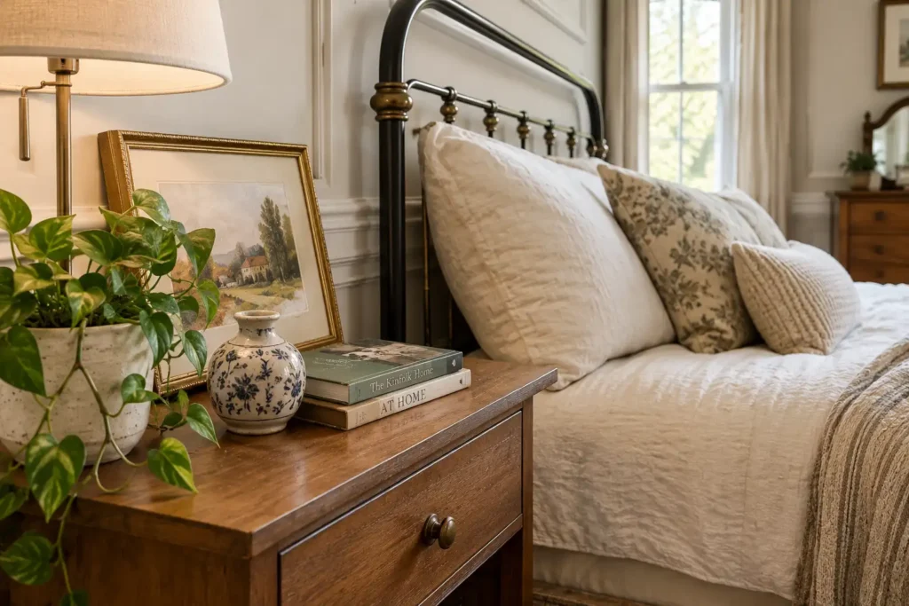 Bedroom corner with a wooden nightstand, green houseplant, ceramic vase, books, and framed artwork.