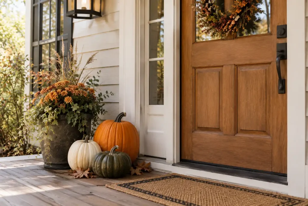 Three orange, cream, and green pumpkins arranged beside a natural wood front door.
