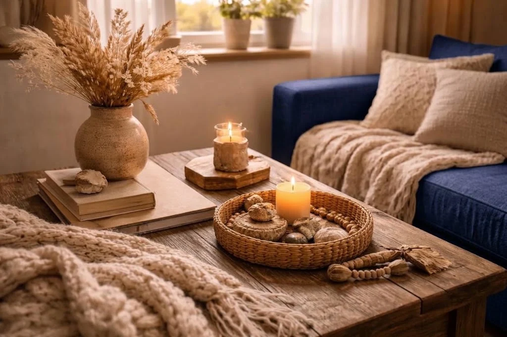 Wooden tray, wicker basket and jute rug add natural texture to a living room with a cream sofa