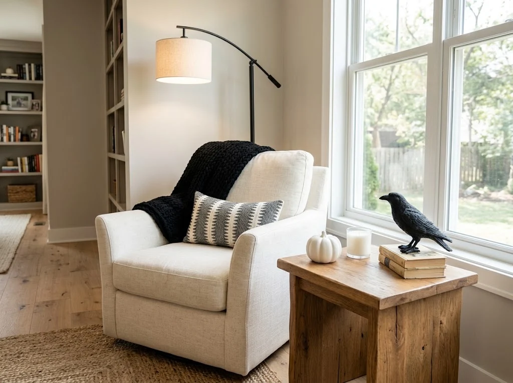 Cozy Halloween reading corner with black and white decor