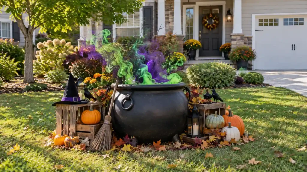 DIY witch cauldron Halloween decoration in an American yard
