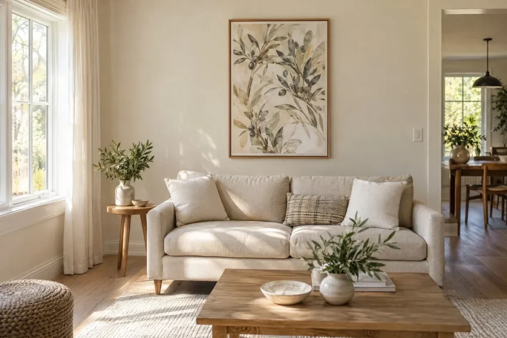 Vertical framed botanical artwork displayed above a sofa in a small living room.