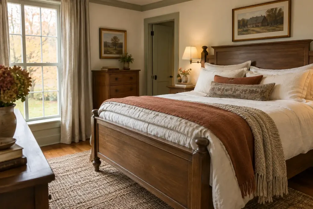 Fall and winter bedroom with layered cream bedding, a rust-colored throw, a textured rug, and traditional farmhouse details.