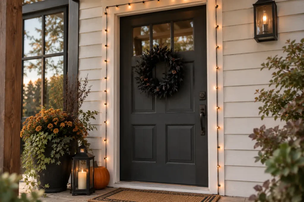 Warm amber LED string lights outlining a charcoal front door with a simple black wreath.