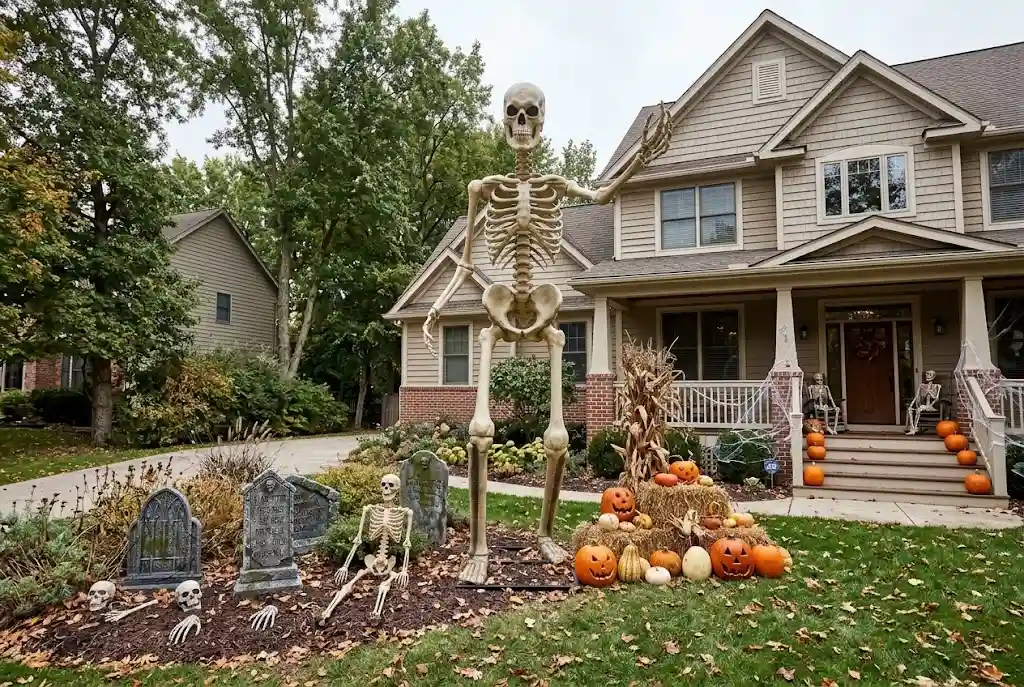 Life-size Halloween skeleton positioned beside a stone wall near a garden path.