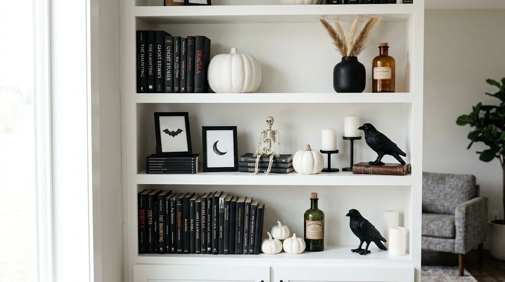 White built-in shelves decorated with black and white Halloween accessories