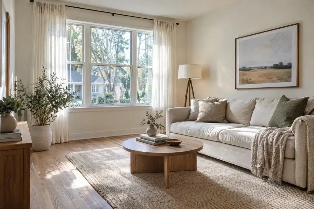 Small living room with sheer curtains, an unobstructed window, and natural daylight.