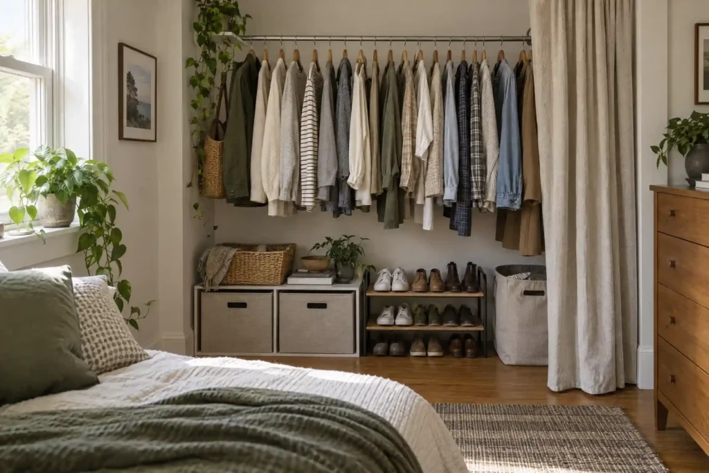 Tension rod clothing rail with a curtain, bins, and shoe rack in a bedroom alcove