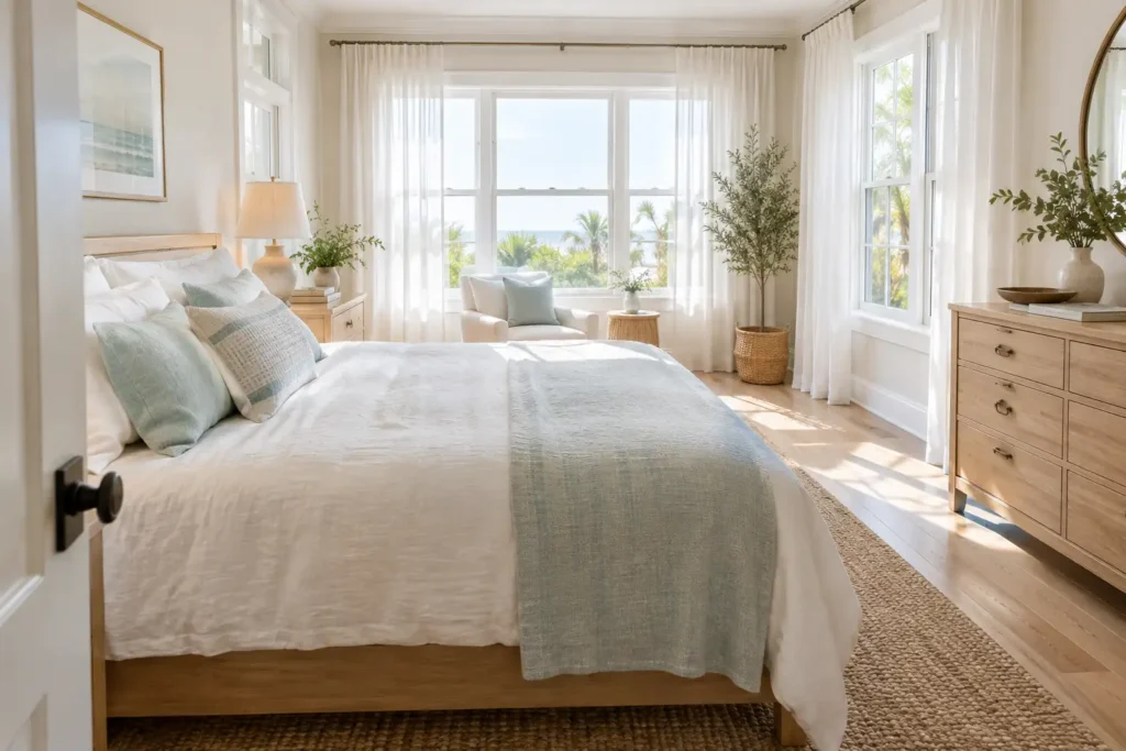 Airy summer bedroom with lightweight white linen bedding, sheer curtains, pale wood furniture, and bright natural light.