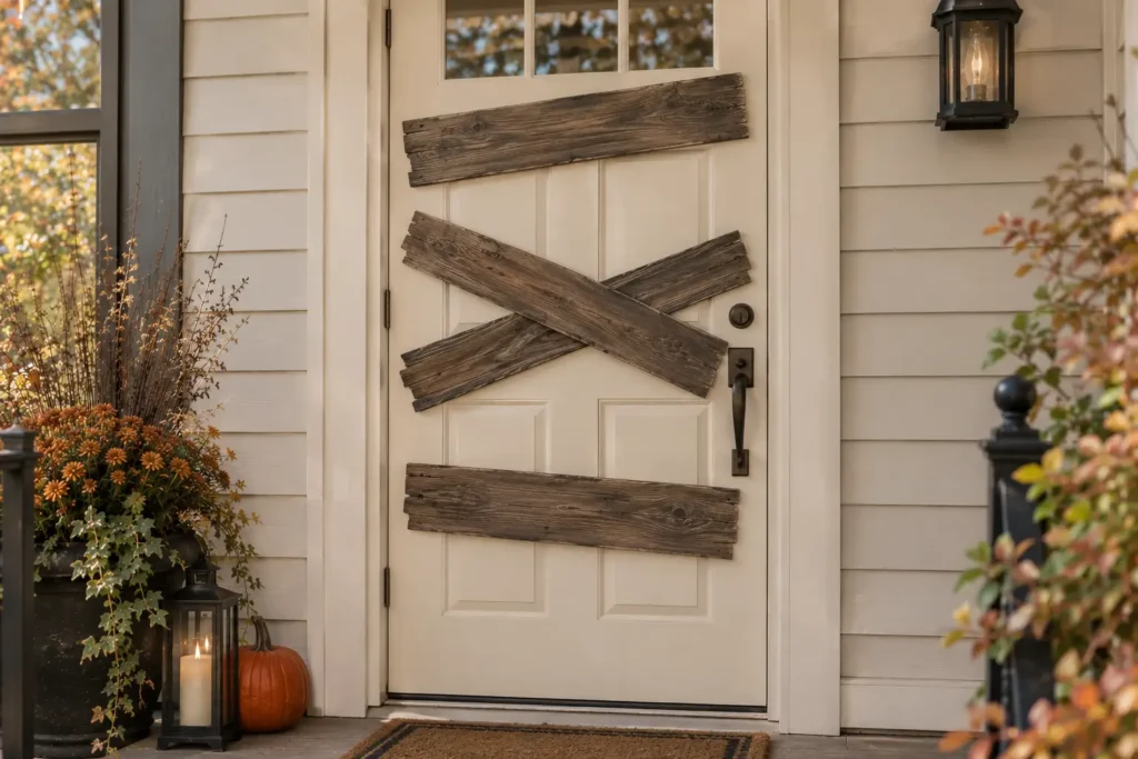 Cream front door decorated with lightweight painted cardboard boards for an abandoned-house effect.