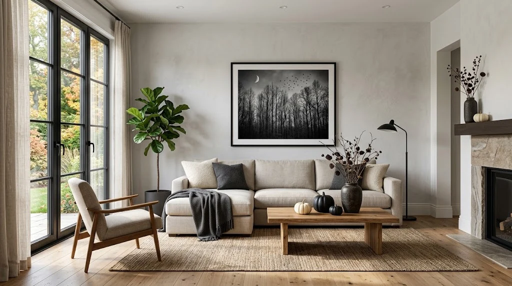 Oversized black and white Halloween artwork above a modern living room sofa