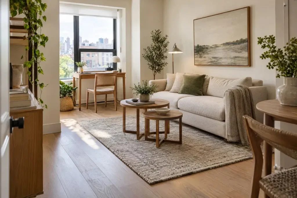 Small apartment living room with a defined seating area and a compact workspace.
