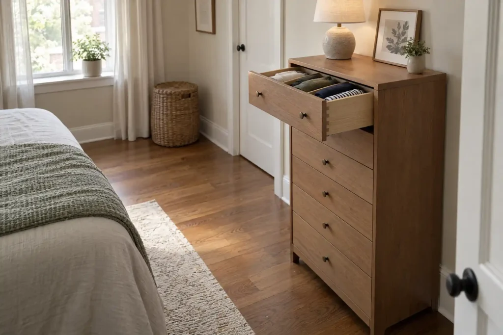 Tall slim chest of drawers with upright folded clothes in a narrow bedroom