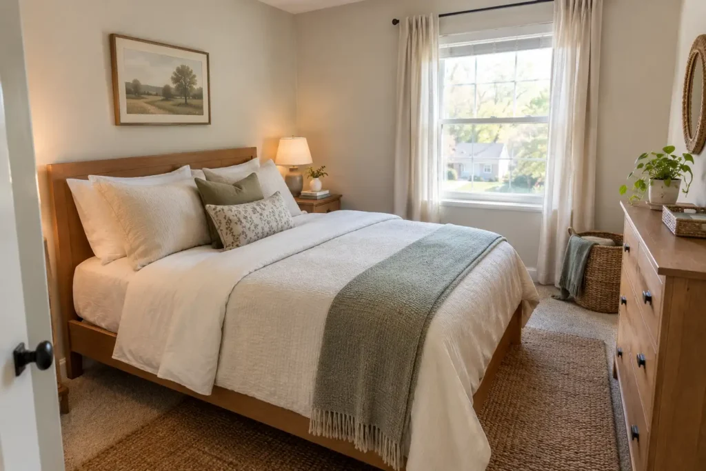 Budget-friendly bedroom with refreshed cream bedding, simple wooden furniture, affordable accessories, and practical storage.