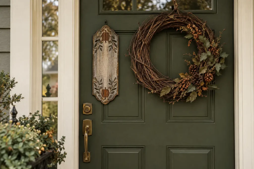 Distressed wooden Halloween plaque beside a grapevine wreath on an olive-green front door.