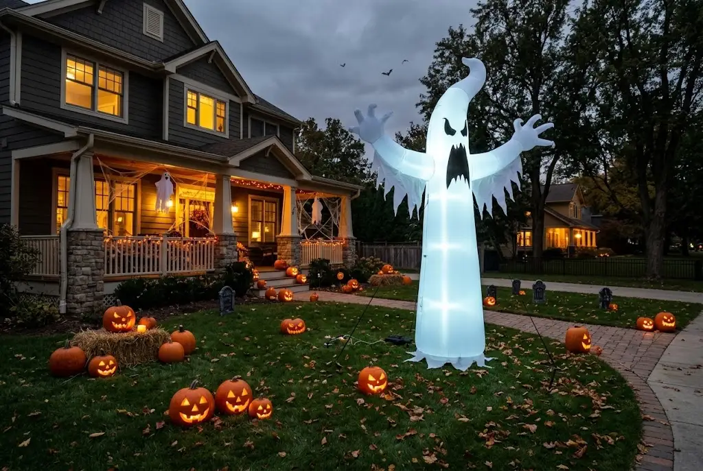 Large white Halloween ghost inflatable displayed on a suburban lawn with glowing pumpkins.