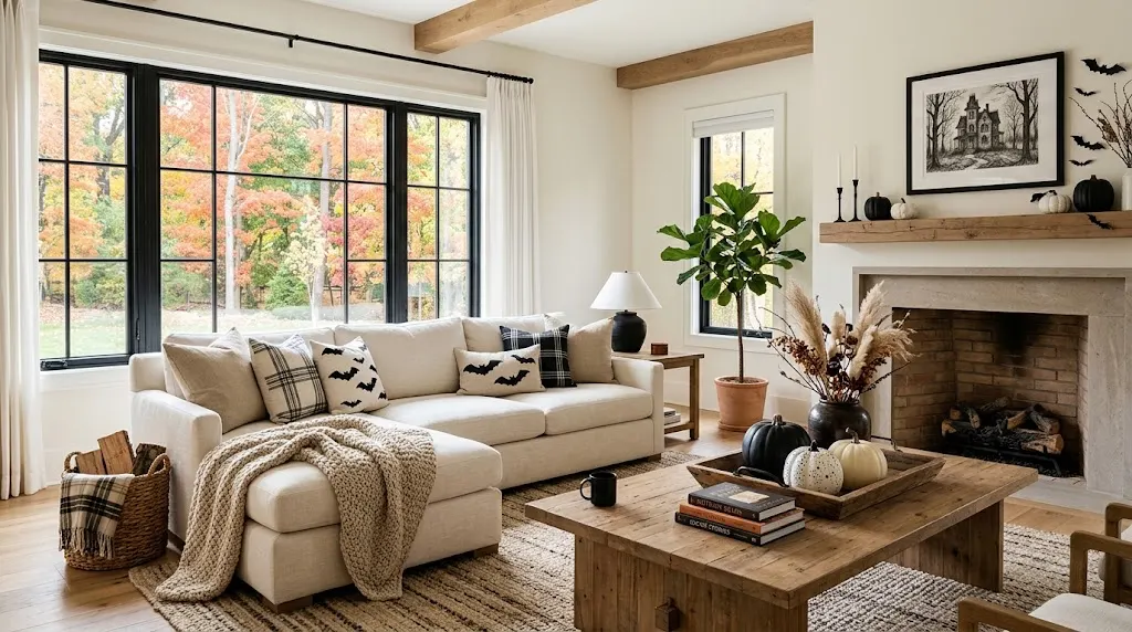 Cozy black and white Halloween living room with cream and natural textures