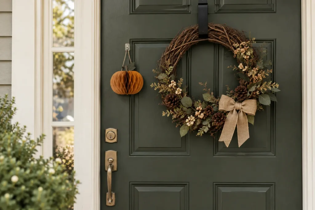 Lightweight wreath on a padded over-the-door hanger with a small removable decoration on a painted door.