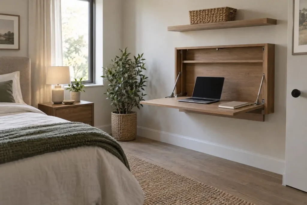 Wall-mounted fold-down desk with a shelf above in a small bedroom workspace
