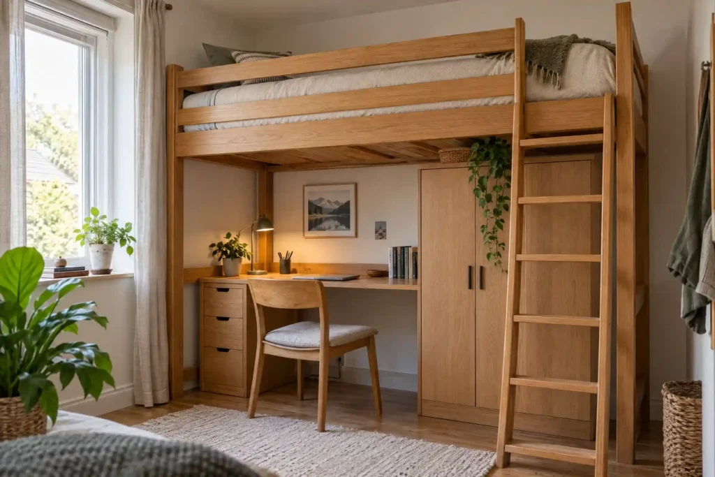 Loft bed with a desk and wardrobe underneath, a space-saving small bedroom idea