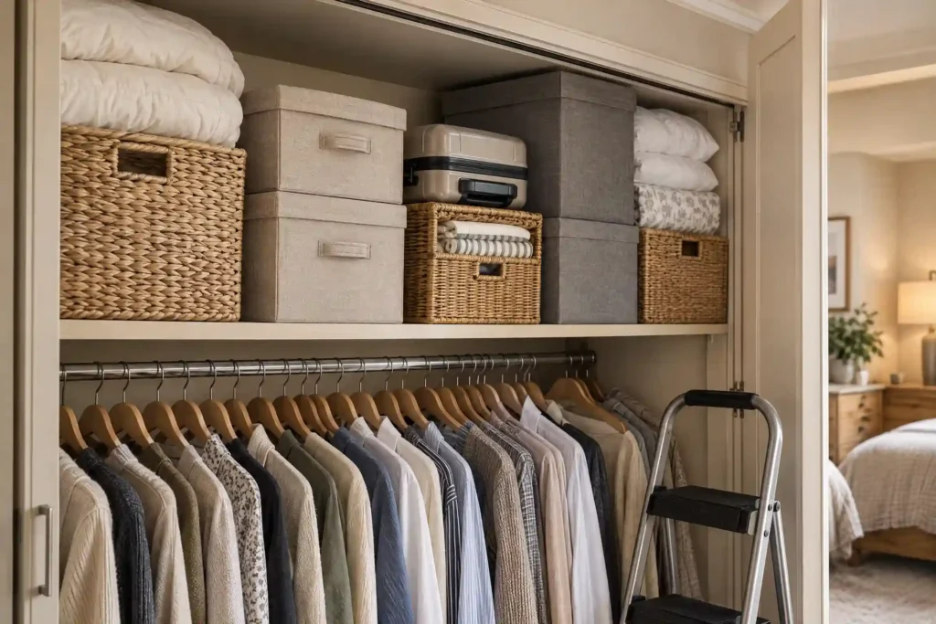 Lidded boxes and baskets on a wardrobe top shelf storing luggage and spare bedding