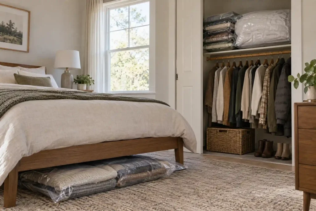 Vacuum storage bags with winter sweaters and a comforter stored under the bed