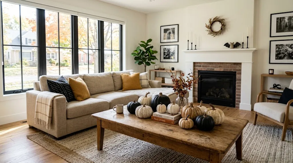 Black and white Halloween pumpkins decorating a modern living room