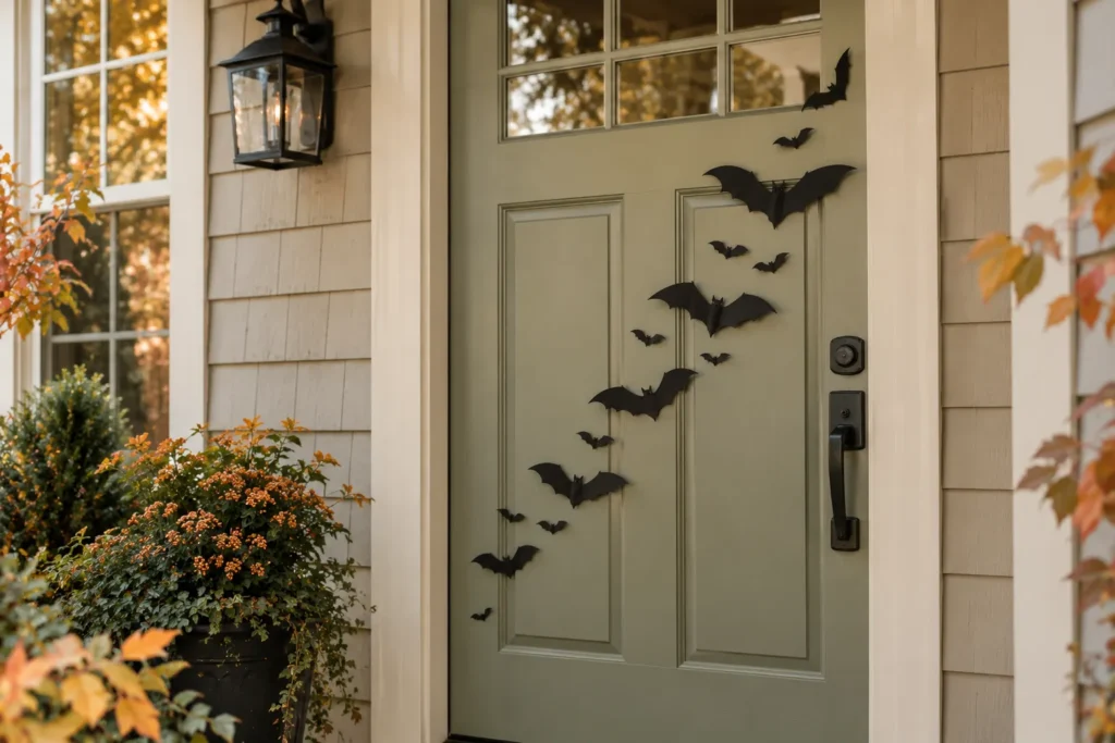 Black bat silhouettes arranged in a sweeping pattern across a sage-green front door.