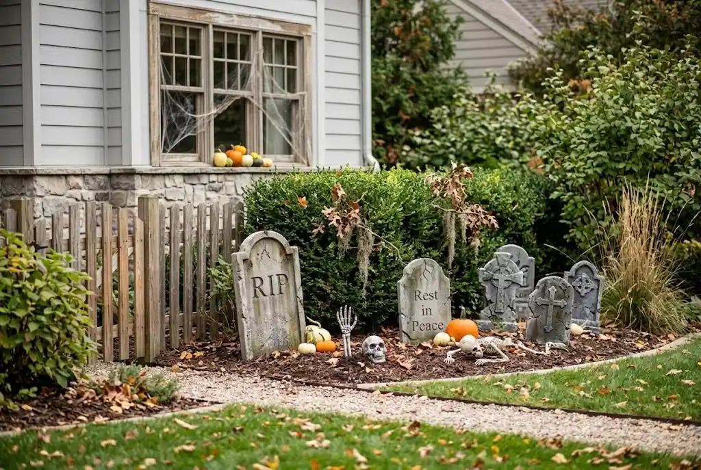 Foam tombstones and artificial bones arranged in a small Halloween graveyard.
